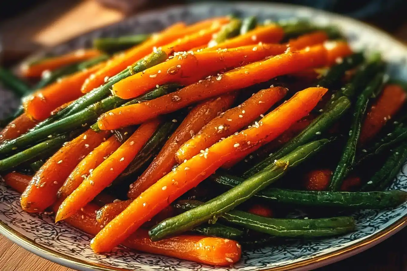 Honey glazed carrots and green beans served in a bowl