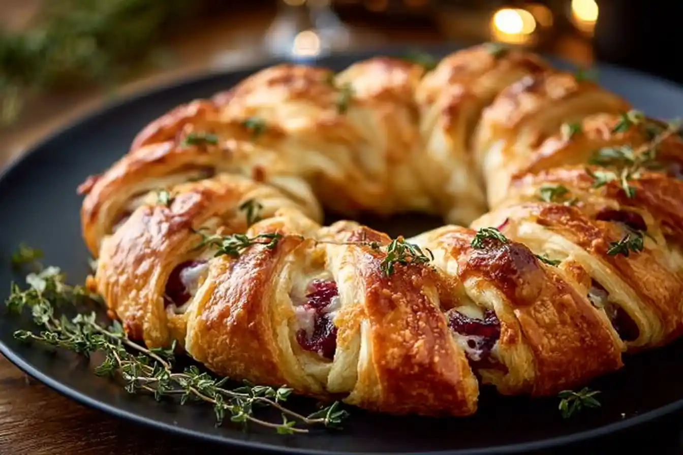 A delicious Turkey Cranberry Crescent Ring served on a plate.