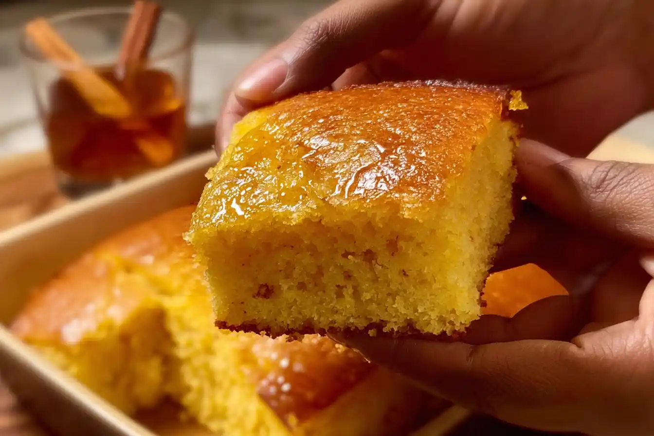 Freshly baked Honey Butter Cornbread served warm with honey drizzle