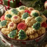 Colorful easy Christmas spritz cookies arranged on a festive plate.