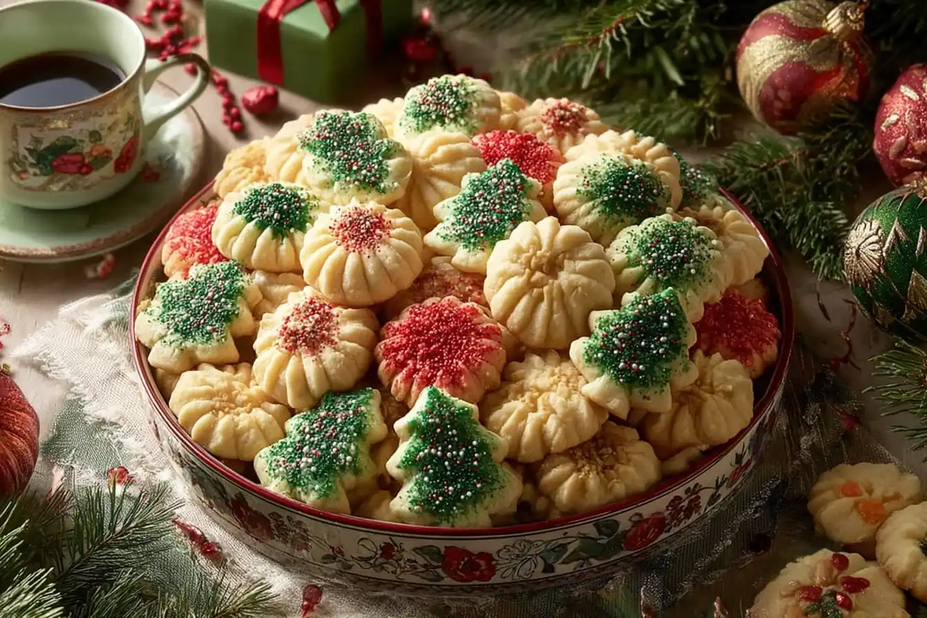 Colorful easy Christmas spritz cookies arranged on a festive plate.