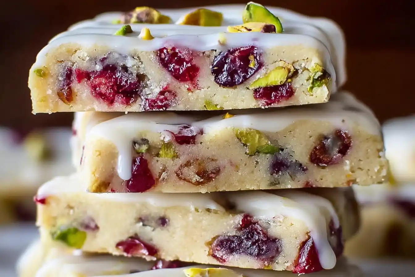 Freshly baked Cranberry Pistachio Shortbread Cookies on a rustic table
