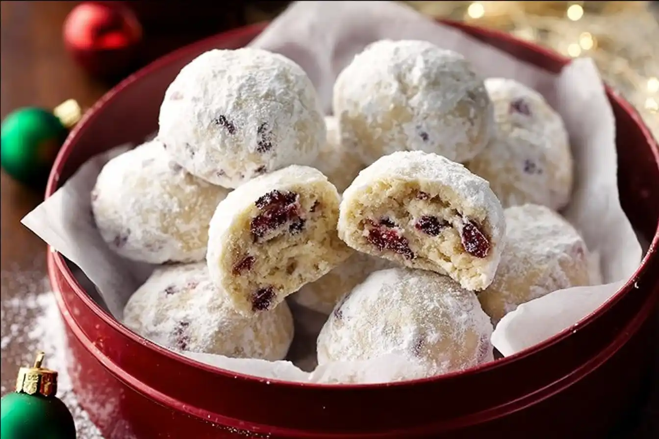 Plate of Cranberry Orange Snowball Cookies with powdered sugar