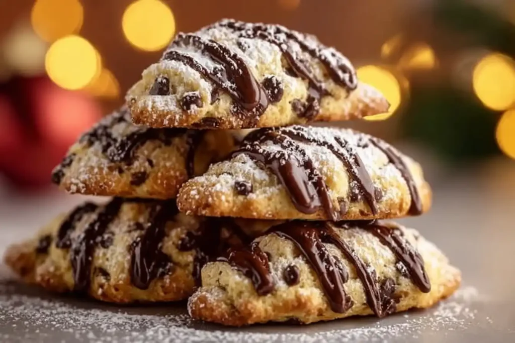 Freshly baked cannoli cookies drizzled with chocolate and filled with sweet cream.