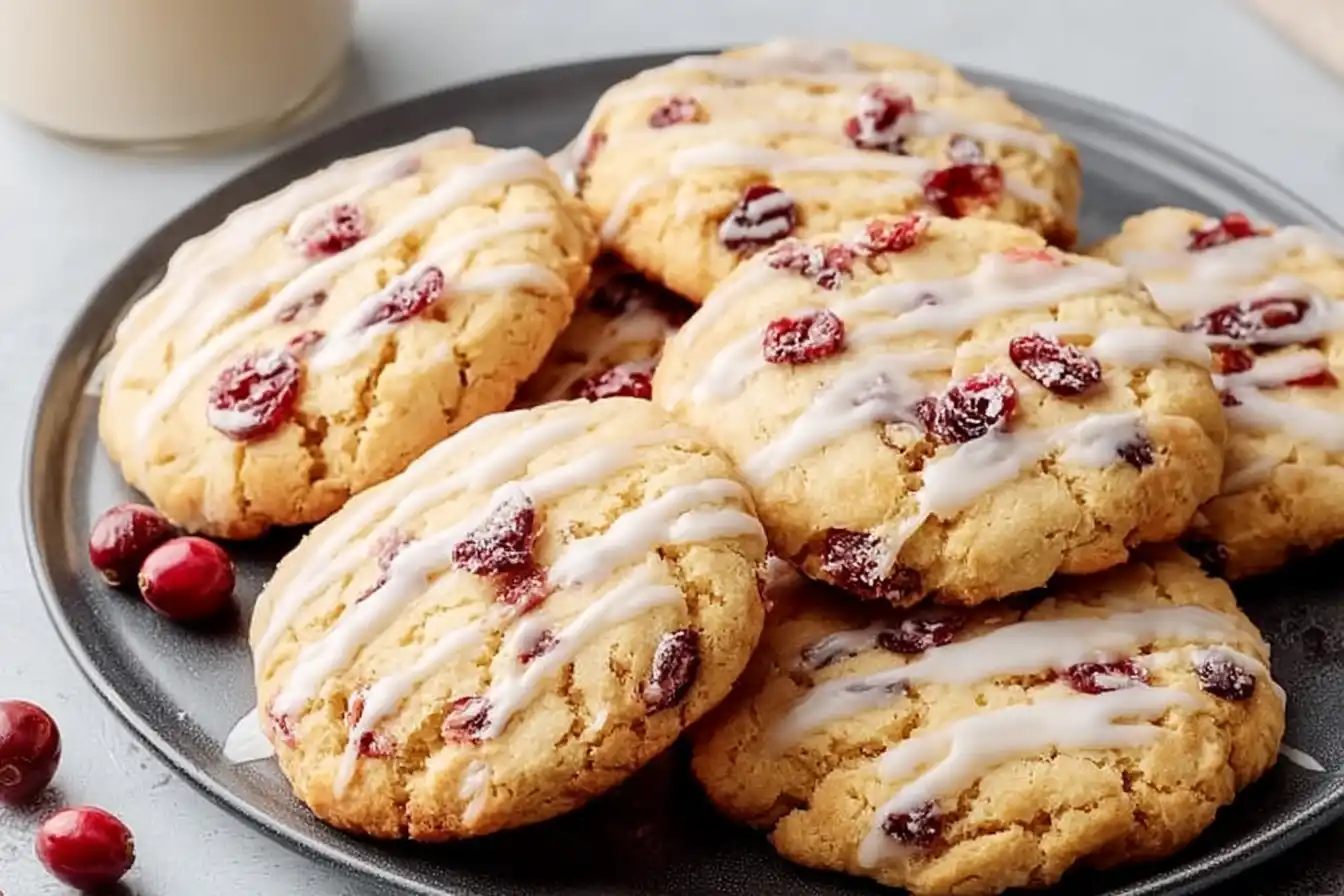 Plate of Christmas Cranberry Orange Cookies with festive decorations
