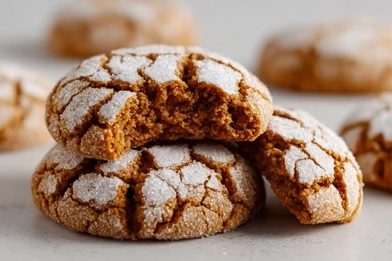 Freshly baked Gingerbread Crinkle Cookies dusted with powdered sugar
