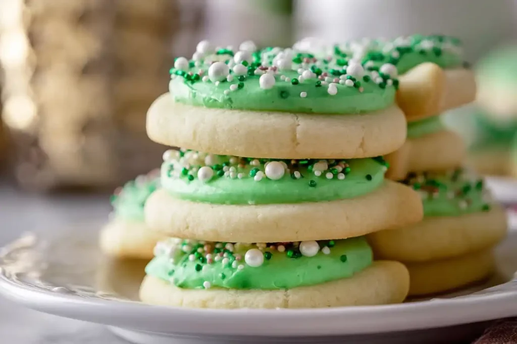 Freshly baked sugar cookies decorated with colorful icing on a plate.