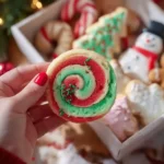 Plate of swirled Christmas cookies with festive colors and designs