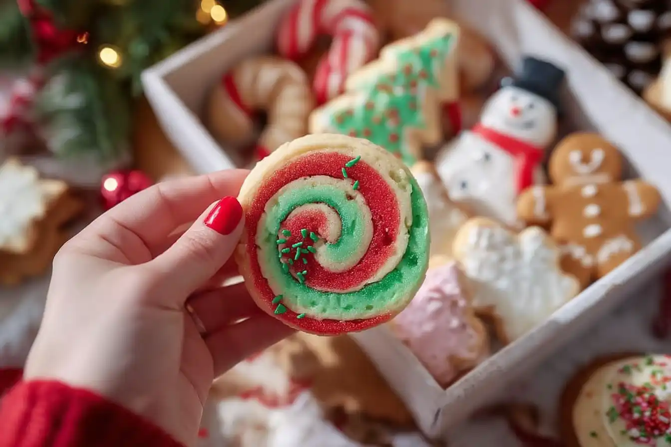 Plate of swirled Christmas cookies with festive colors and designs