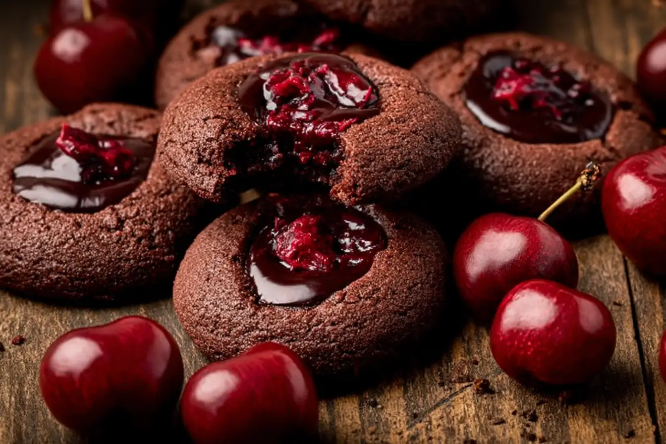 Delicious Chocolate Cherry Cookies on a plate, showcasing chocolate chunks and cherries.