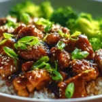 Delicious sesame chicken and broccoli bowl dish served in a vibrant bowl.