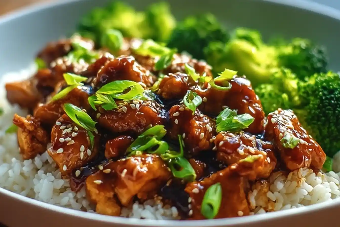 Delicious sesame chicken and broccoli bowl dish served in a vibrant bowl.