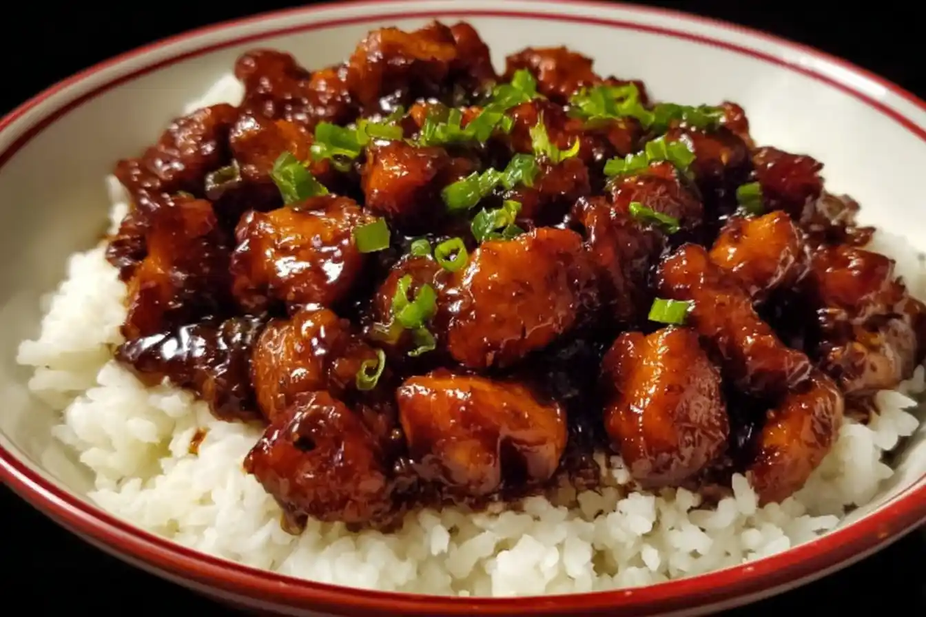 Delicious home-cooked bourbon chicken served in a bowl