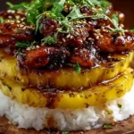 Hawaiian Turn Turn Chicken Stack garnished with fresh herbs and served on a plate
