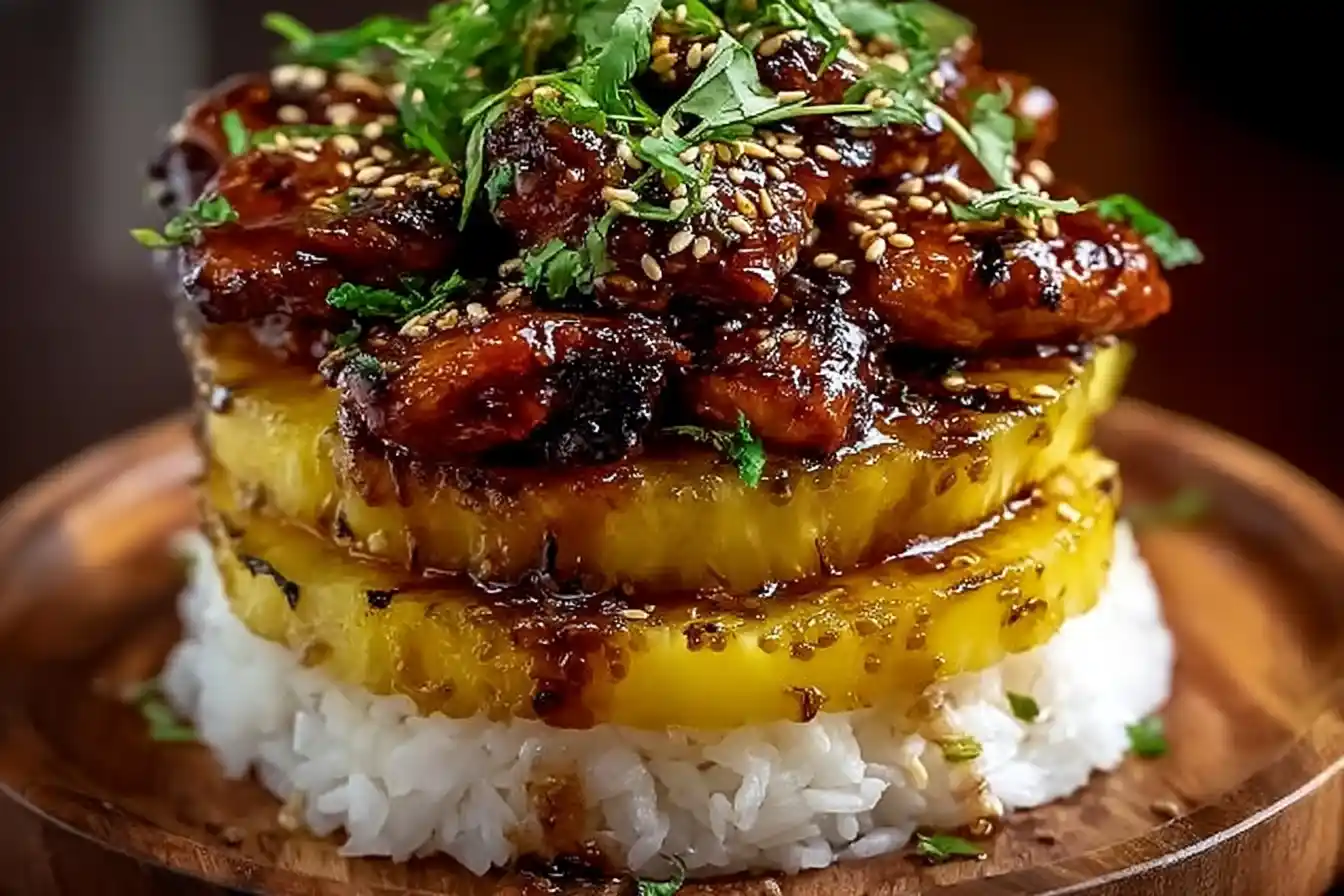 Hawaiian Turn Turn Chicken Stack garnished with fresh herbs and served on a plate