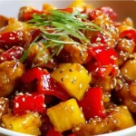 Delicious pineapple chicken stir fry served in a colorful dish