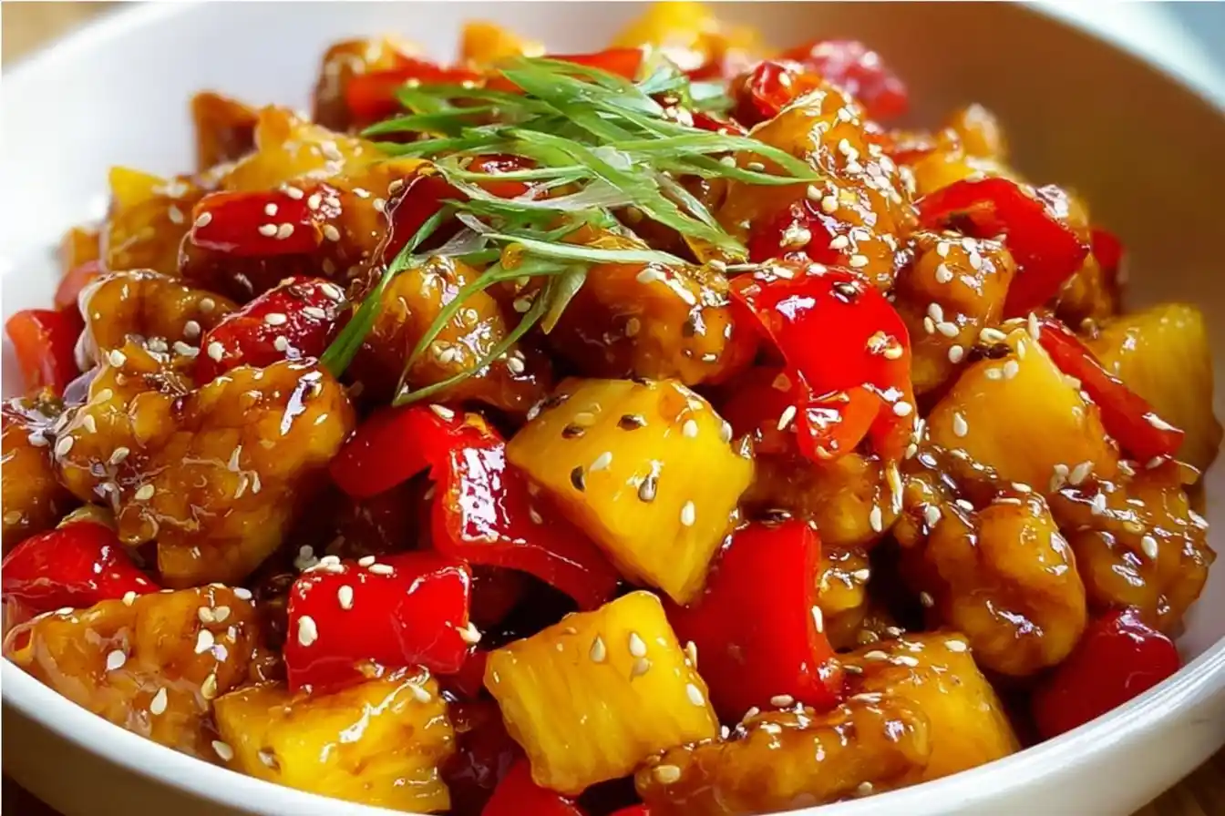 Delicious pineapple chicken stir fry served in a colorful dish