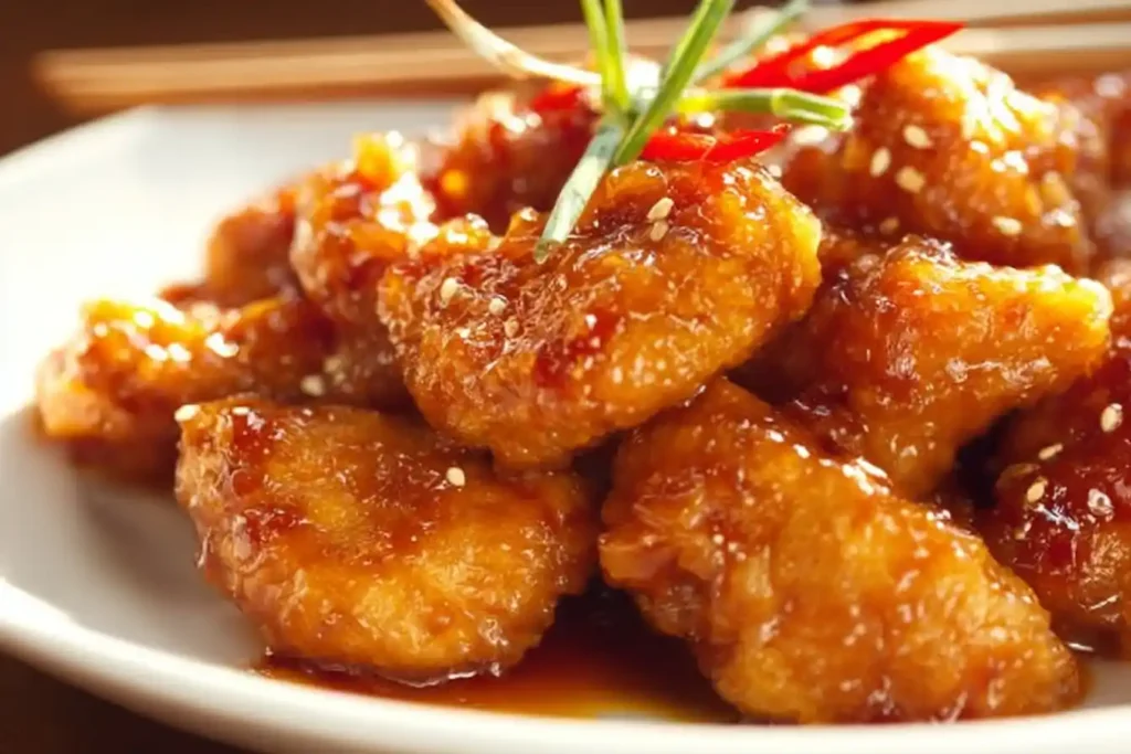 Crispy Orange Chicken garnished with sesame seeds and green onions