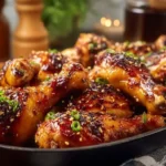 Baked honey garlic chicken drumsticks garnished with green onions on a plate.