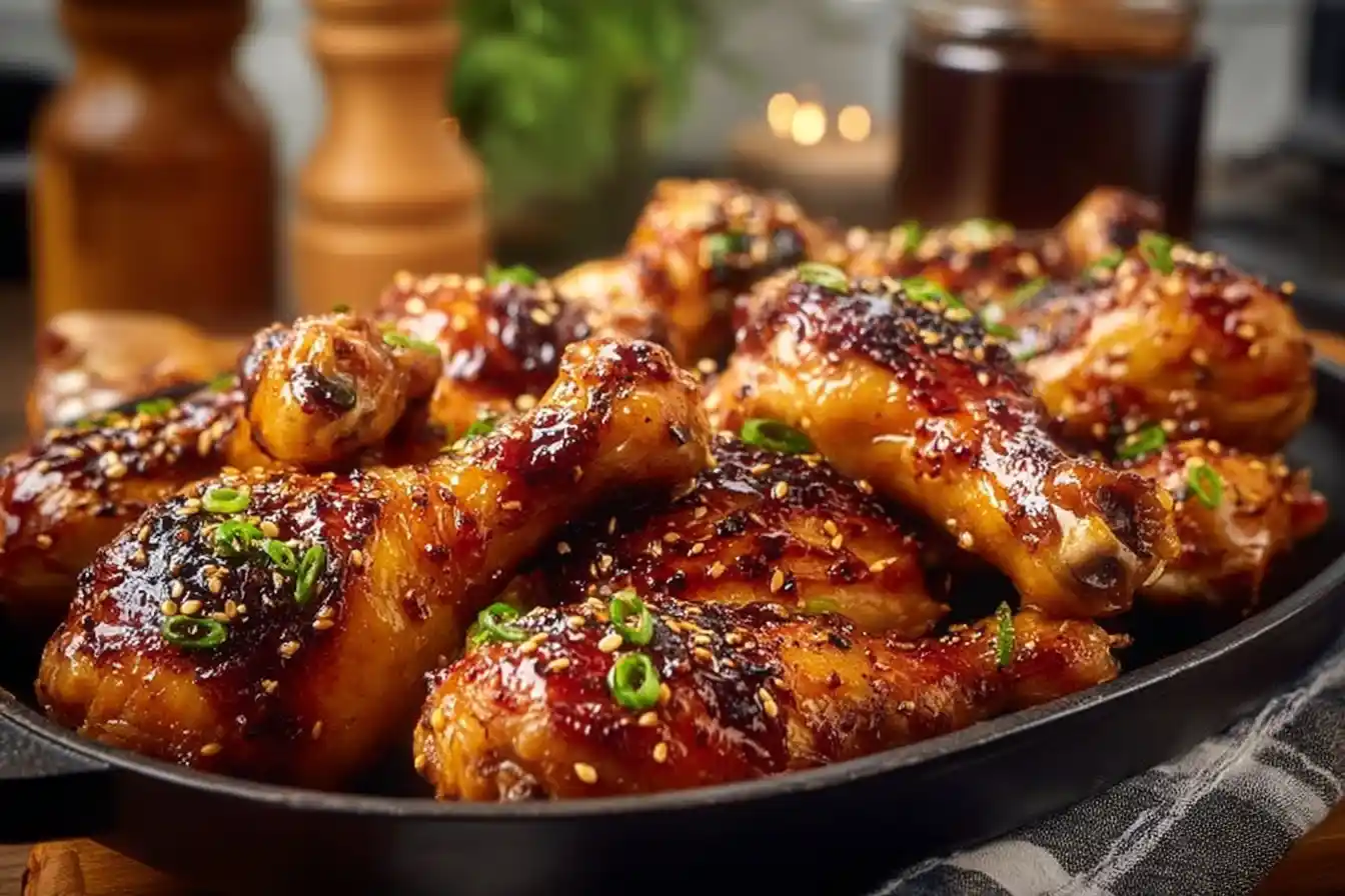 Baked honey garlic chicken drumsticks garnished with green onions on a plate.