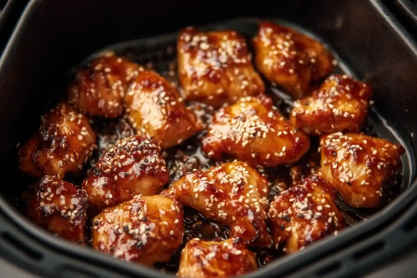 Delicious air fryer teriyaki chicken recipe with glazed sauce and garnish.