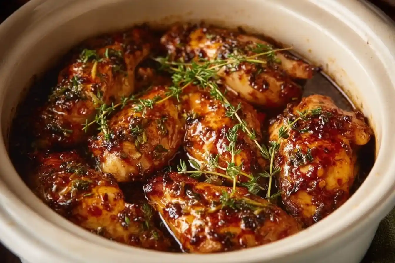 Crockpot honey garlic chicken served with vegetables on a plate