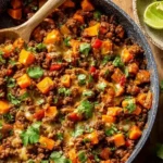 Southwest Ground Beef and Sweet Potato Skillet dish with colorful ingredients.