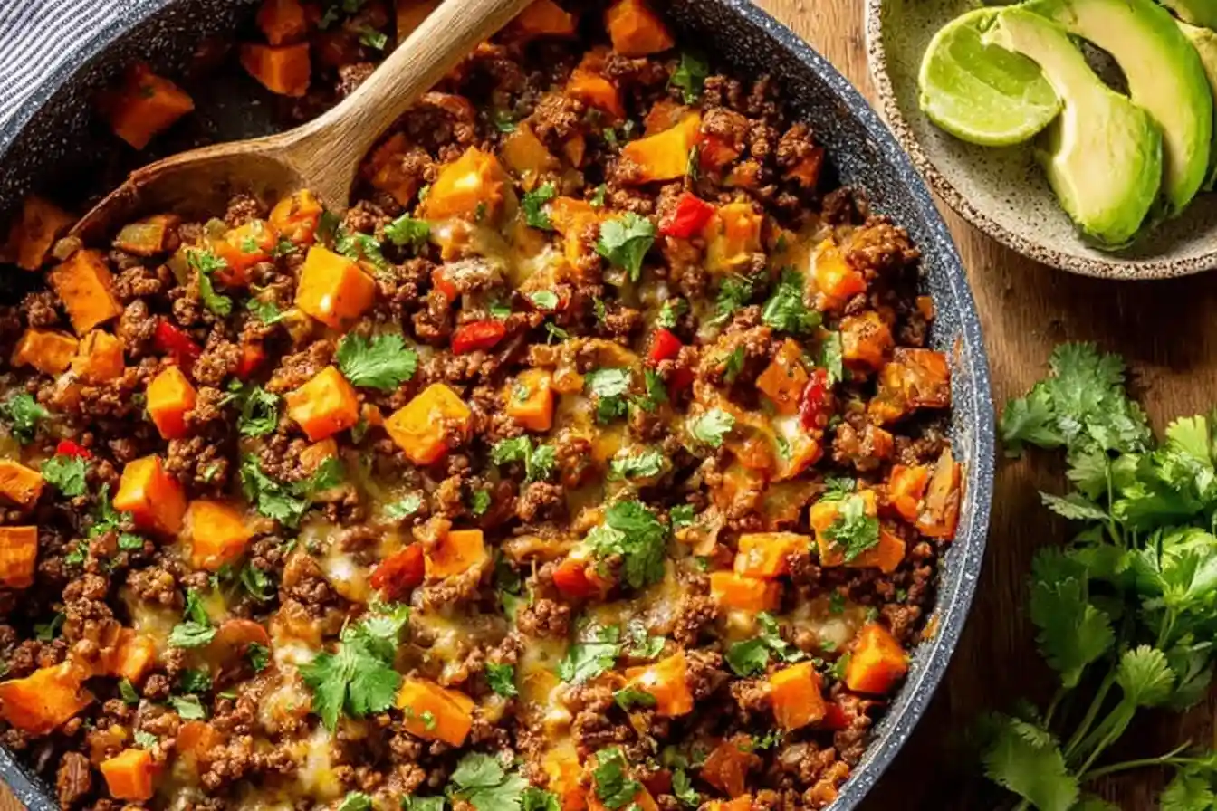 Southwest Ground Beef and Sweet Potato Skillet dish with colorful ingredients.