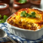 Delicious Cheesy Ground Beef Casserole served on a plate.