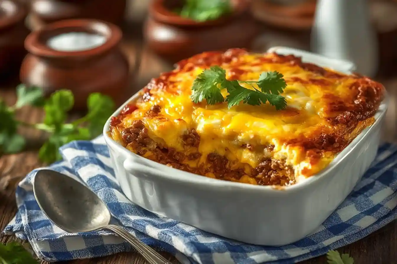Delicious Cheesy Ground Beef Casserole served on a plate.