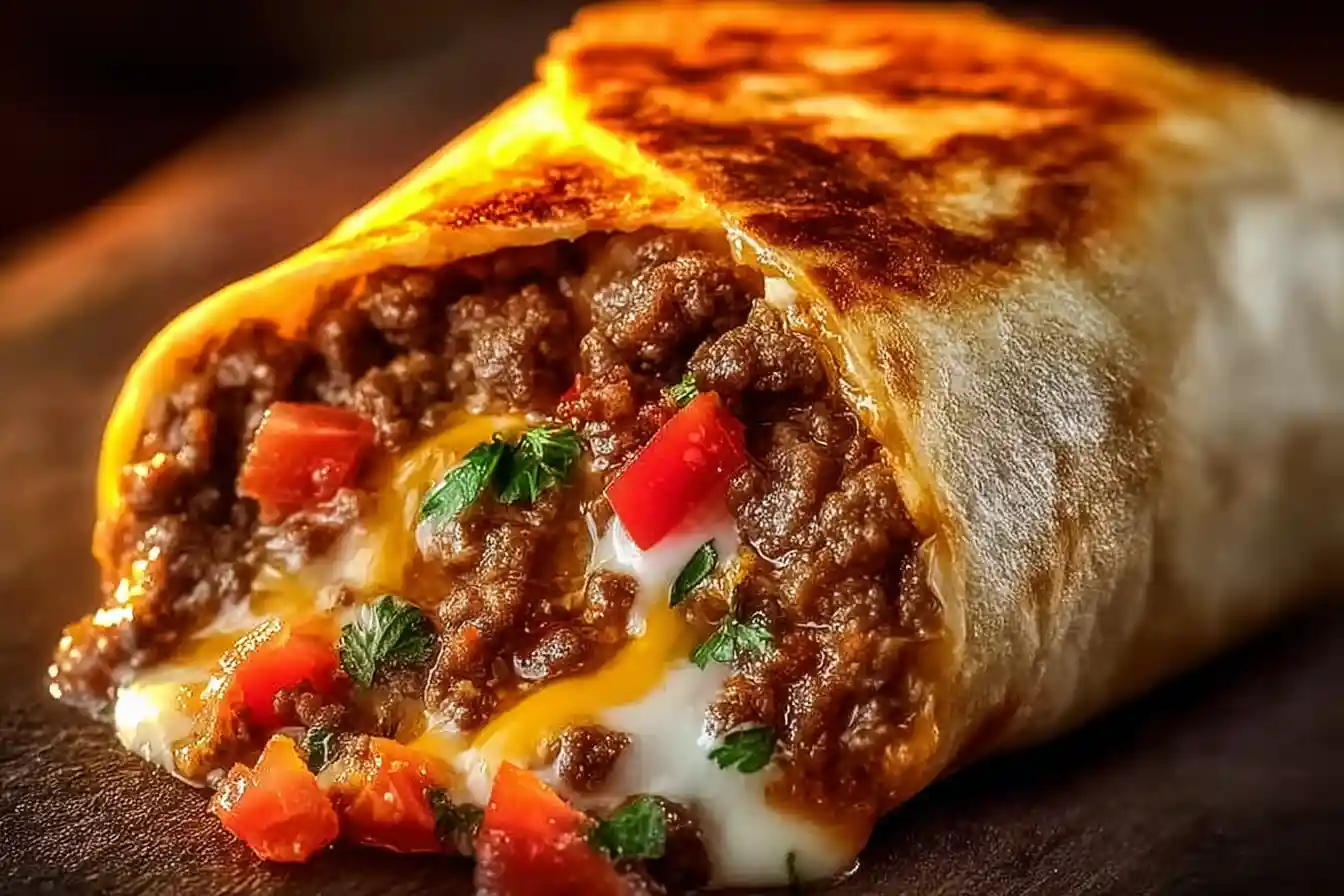 Taco Bell Beefy Melt Burrito with cheese and beef filling