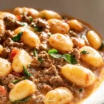 Creamy tomato gnocchi dish with ground beef served in a bowl