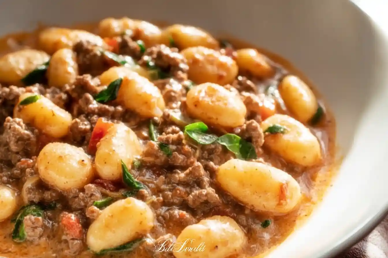 Creamy tomato gnocchi dish with ground beef served in a bowl