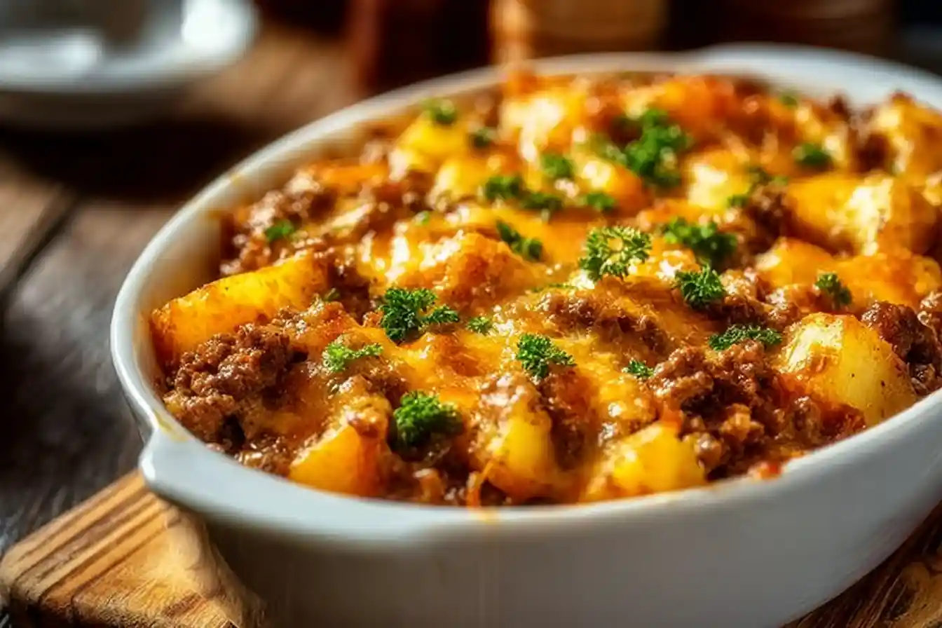 Delicious Hobo Casserole served in a rustic dish with vibrant vegetables and meat