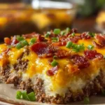 Low-Carb Bacon Cheeseburger Casserole baked in a dish