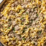 Delicious Ground Beef Stroganoff served on a plate with pasta and mushrooms