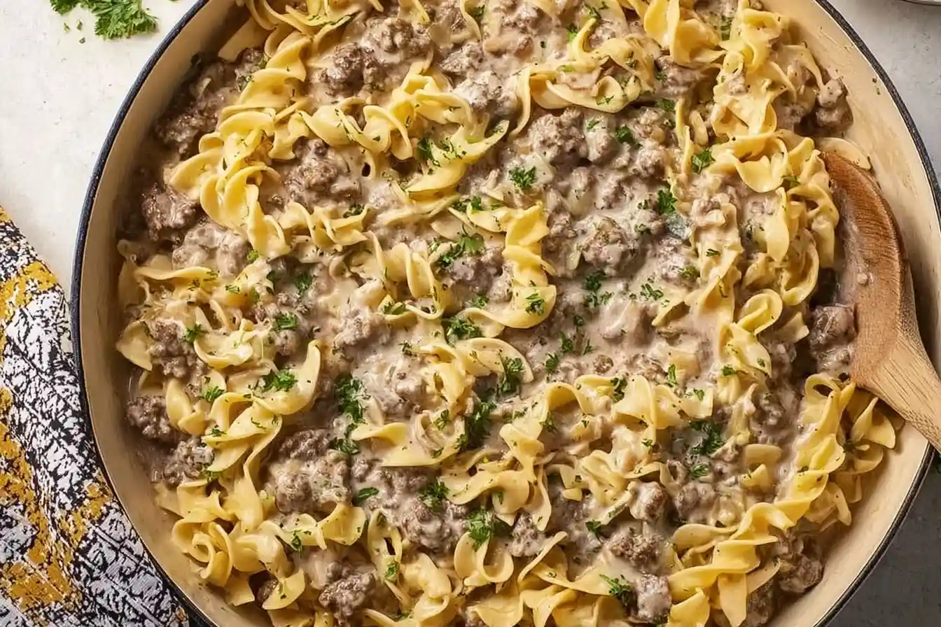 Delicious Ground Beef Stroganoff served on a plate with pasta and mushrooms