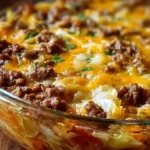 Savory cabbage beef bake dish served in a casserole dish