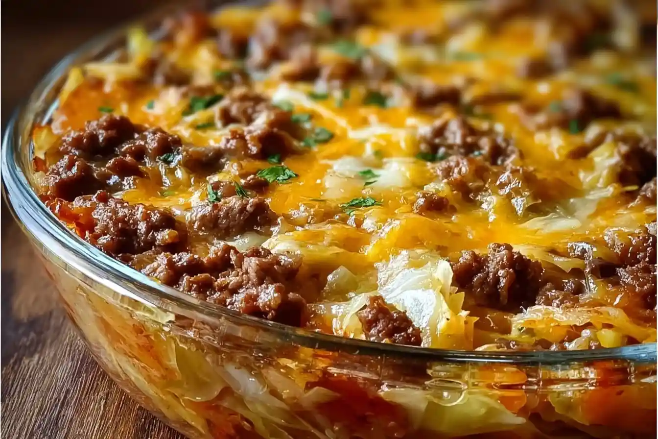 Savory cabbage beef bake dish served in a casserole dish