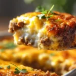 Cheesy Keto Ground Beef Casserole topped with melted cheese and herbs