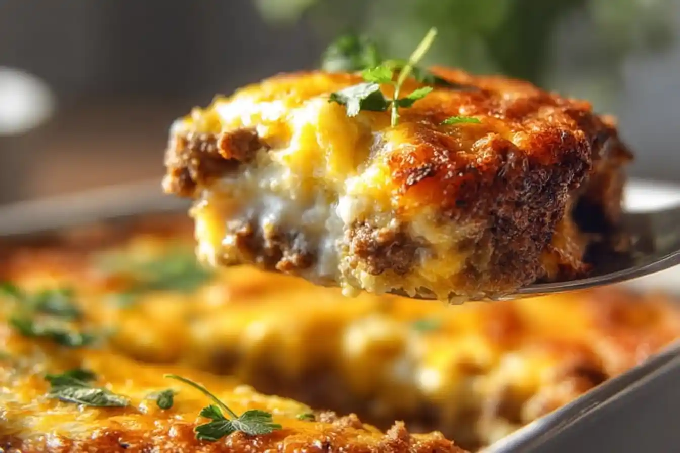 Cheesy Keto Ground Beef Casserole topped with melted cheese and herbs