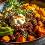 Delicious Ground Beef Hot Honey Bowl with fresh ingredients.