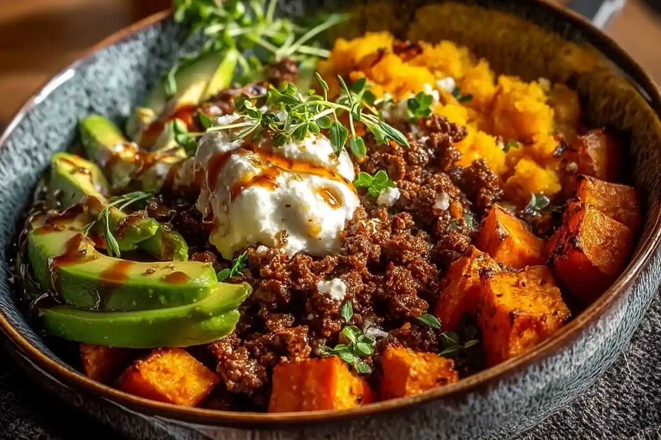 Delicious Ground Beef Hot Honey Bowl with fresh ingredients.