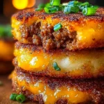 Stuffed mashed potatoes filled with ground beef and cheese, served on a plate