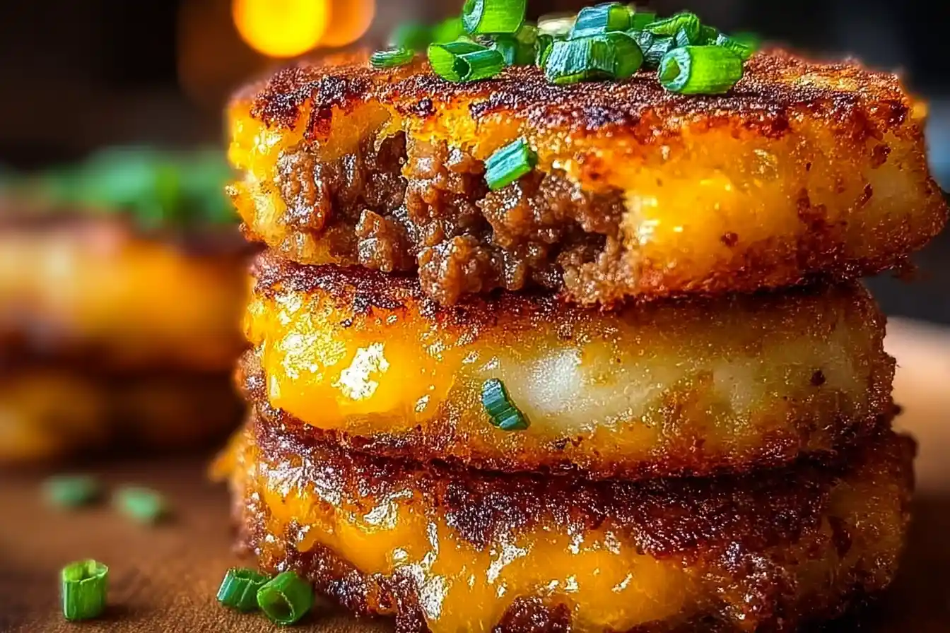 Stuffed mashed potatoes filled with ground beef and cheese, served on a plate