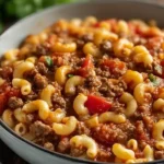 Bowl of Old-Fashioned Goulash with pasta and ground beef