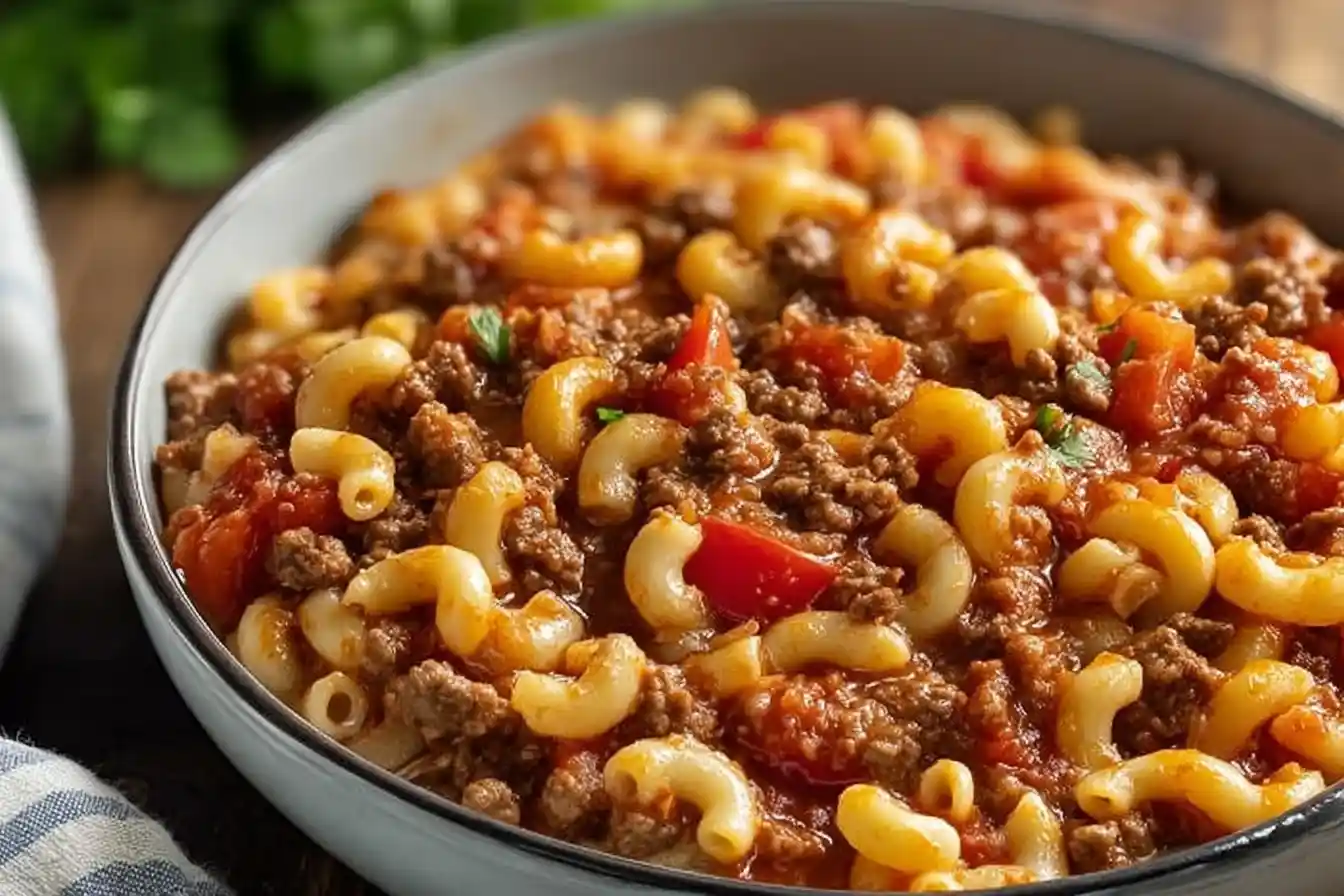 Bowl of Old-Fashioned Goulash with pasta and ground beef