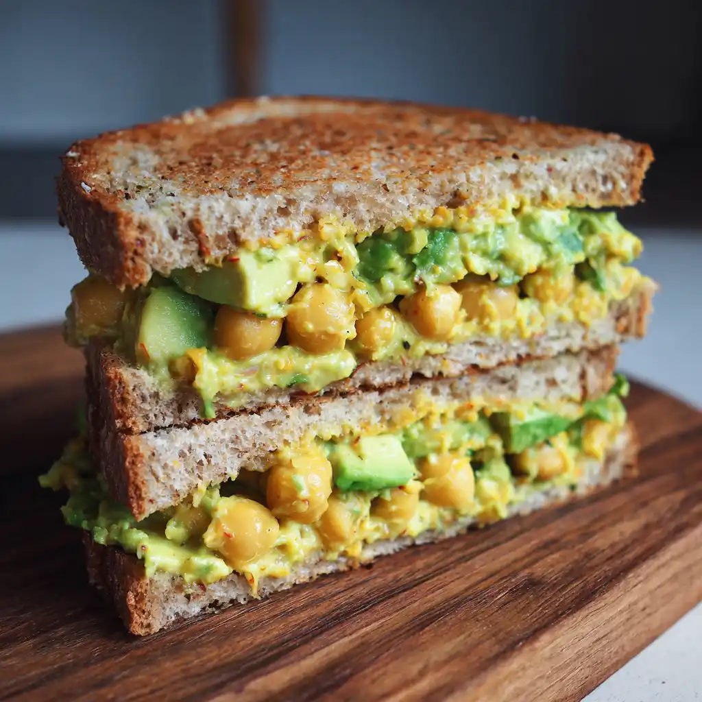 Chickpea and avocado sandwich with rustic bread and herbs