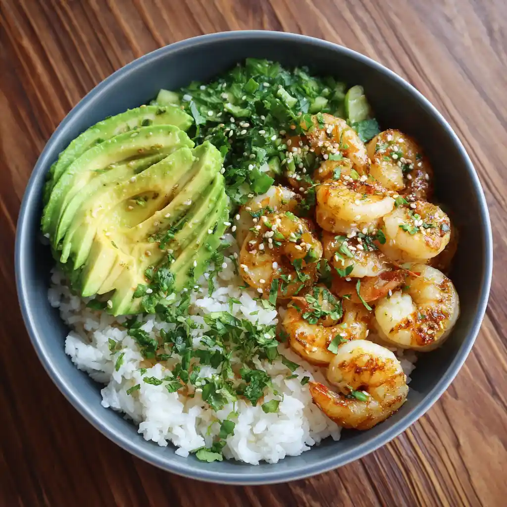 Shrimp & Avocado Bowl in a ceramic plate with lime