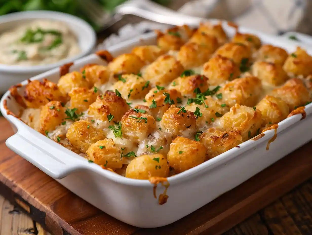 Golden tater tot casserole in baking dish with melted cheese bubbling